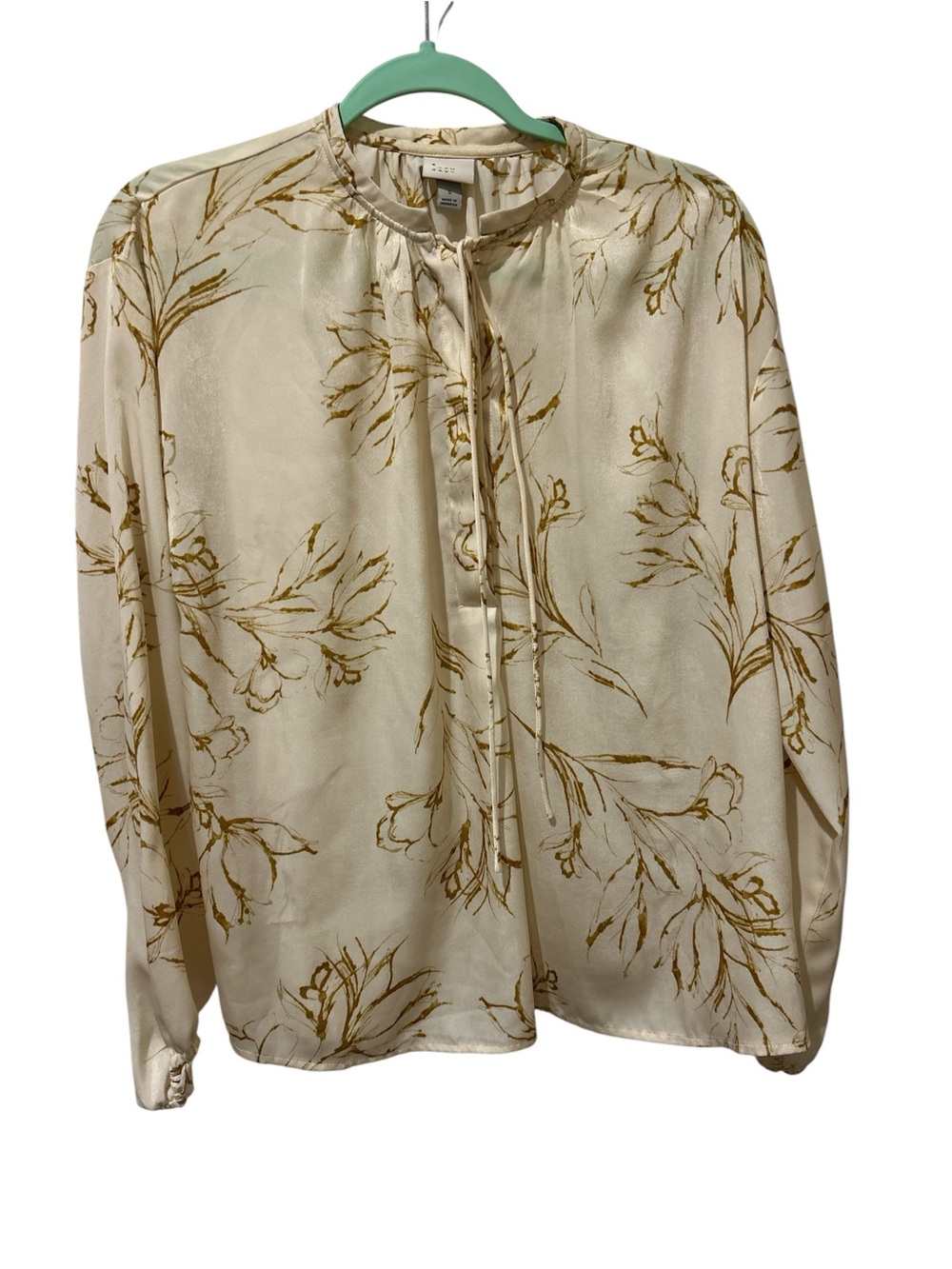 Silk like Cream Floral Tie-Neck Blouse